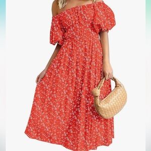 Amazon Zesica Midi off the Shoulder Dress | Red Floral | Size XL